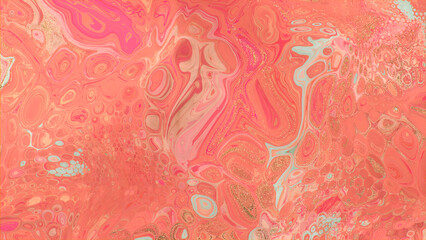 Flowing Luxurious Art Background in Beautiful Coral and Pink colors. Liquid texture with Gold Powder.