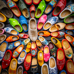 Clogs for sale at a Dutch retail shop. Wooden shoes are a well know traditional souvenir from Holland