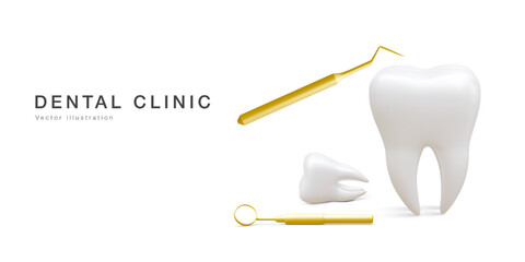 Realistic tooth, dental probe and dental mirror for teeth isolated on white background. Medical dentist tool. Dentistry, healthcare, hygiene Concept. Vector illustration