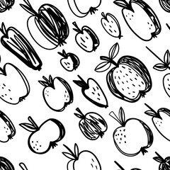 Abstract apple seamless pattern. Hand drawn vector illustration. Pen or marker doodle sketch. Black and white scribble