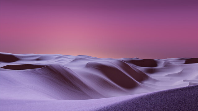 Undulating Sand Dunes form an Empty Desert Landscape. Evening Background with Magenta Gradient Starry Sky.