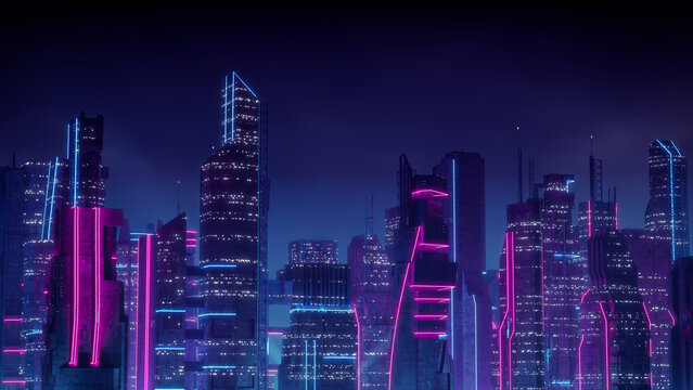 Futuristic Cityscape with Blue and Pink Neon lights. Night scene with Advanced Skyscrapers.