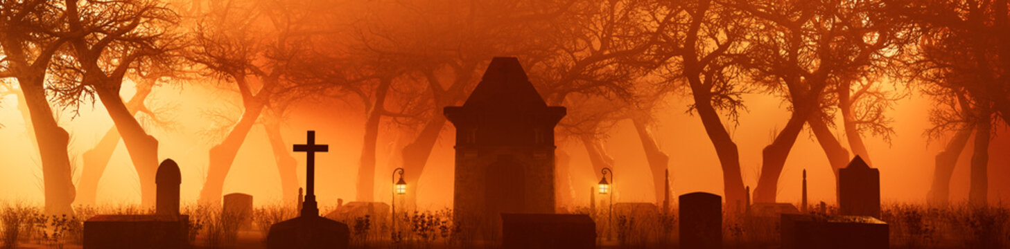 Creepy Churchyard at Night. Orange Halloween Background with Gravestones and Trees.
