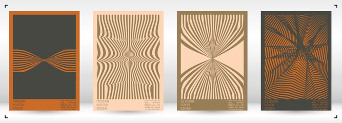 Geometrical Poster Design with Optical Illusion Effect.  Modern Psychedelic Cover Page Collection. Pastel Wave Lines Background. Fluid Stripes Art. Swiss Design. Vector Illustration for Brochure.