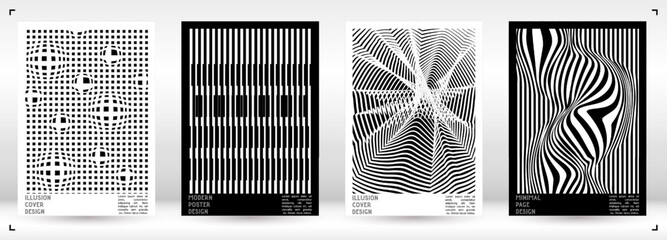 Geometrical Poster Design with Optical Illusion Effect.  Minimal Psychedelic Cover Page Collection. Monochrome Wave Lines Background. Fluid Stripes Art. Swiss Design. Vector Illustration for Placard.