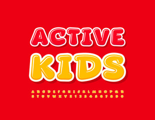 Vector creative emblem Active Kids.  Bright Glossy Alphabet Letters, Numbers and Symbols set. Childish Yellow Font