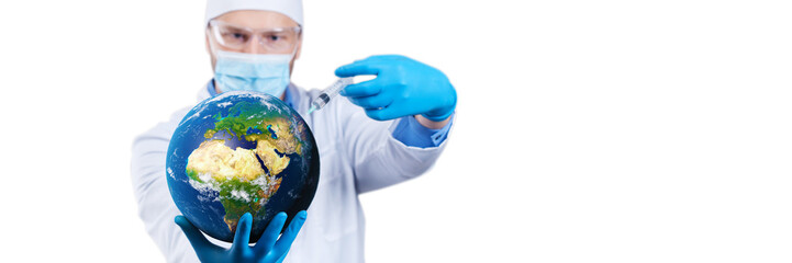 Doctor hold a earth globe in hands and a medical syringe with vaccine against corona virus. 3D...