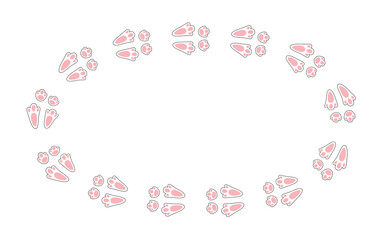 Rabbit or hare footprint trail. Easter bunny foot prints. Rabbit paw steps. Hare steps track on snow. Blank round frame template. Vector illustration isolated on white background in flat style.