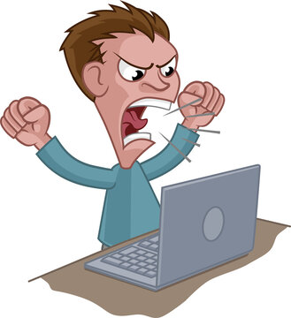 An angry stressed man shouting at a laptop cartoon