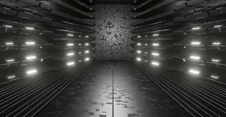 Empty Elegant Modern Metallic Empty Tunnel Hallway Gate Spotlight Gray Banner Background Alien Futuristic Concept For Showroom Studio Montage 3D render Illustration