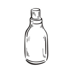 Old glass sealed bottle with oil or perfume. Hand engraved aged glass vessel for medicine or cosmetology. Isolated black sketch liquid bottle on white background vector illustration