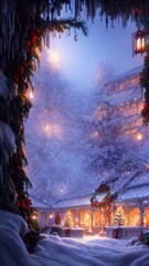 Fototapeta na wymiar New Year's winter garden with decorated Christmas trees, lights, garlands. Festive New Year decorations, festive city. Christmas lanterns, decorated street, winter, snow, postcard. 3D illustration