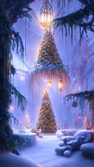 New Year's winter garden with decorated Christmas trees, lights, garlands. Festive New Year decorations, festive city. Christmas lanterns, decorated street, winter, snow, postcard. 3D illustration