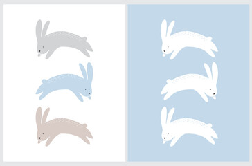 Cute Vector Illustration with Jumping Bunnies. Funny Rabbits Isolated on a White and Pastel Blue Background. Easter and Chinese Year Print.Woodland Party Art ideal for Card, Poster. Winter Bunny.