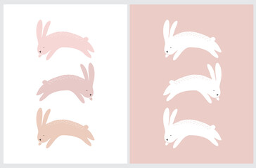 Cute Vector Illustration with Jumping Bunnies. Funny Rabbits Isolated on a White and Pastel Pink Background. Easter and Chinese Year Print.Woodland Party Art ideal for Card, Poster. Winter Bunny.