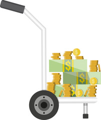 Hand truck full of money and coins