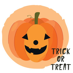 Pumpkin with scary face and sign trick or treat isolated on white background. Halloween vector illustration