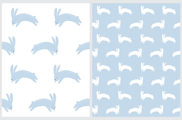 Naklejka premium Seamless Vector Pattern with Jumping Bunnies. Cute Rabbits Isolated on a White and Pastel Blue Background. Easter Repeatable Print. Woodland Party Art ideal for Fabric, Textile. Winter Bunny.