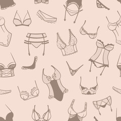 lingerie pattern. female bra and bikini fashiioned lingerie collection. Vector seamless background
