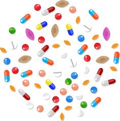 Different colorful medical pills capsules tablets