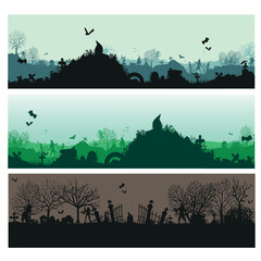 Set of panoramas with cemeteries. Halloween theme of scary cemeteries. vector graphics