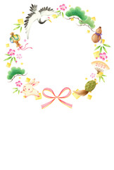 年賀状2023年　縁起物とうさぎのお正月リース　手描き色鉛筆画