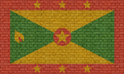 3D Flag of Grenada on an old brick wall background.