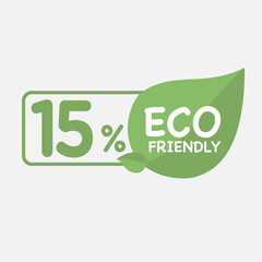 15% Eco friendly green leaf label sticker. 2d vector illustration. Eco friendly stamp icons Vector illustration with Green organic plant leaf.