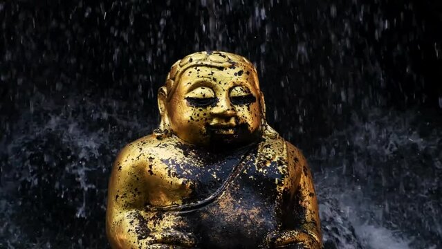 Fat Golden Buddha's stature is surrounded by floating water, in slow-motion, brings peacefulness and calm feeling, High-quality FullHD footage