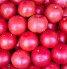 Red tomatoes on the counter in the market.