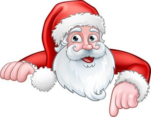 Santa Cartoon Pointing Down from Behind Sign