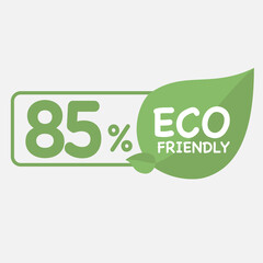 85% Eco friendly green leaf label sticker. 2d vector illustration. Eco friendly stamp icons Vector illustration with Green organic plant leaf.