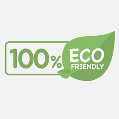 100% Eco friendly green leaf label sticker. 2d vector illustration. Eco friendly stamp icons Vector illustration with Green organic plant leaf.