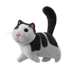 Fat fluffy toy cat is walking on white transparent background. A cat with black and white spots, black eyes and a pink nose. 3d render illustration.	
