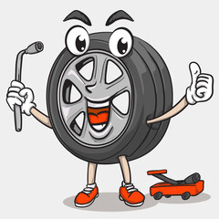 smile face tyre character holding tire lock and thumbs up . funky tire mascot icon illustration