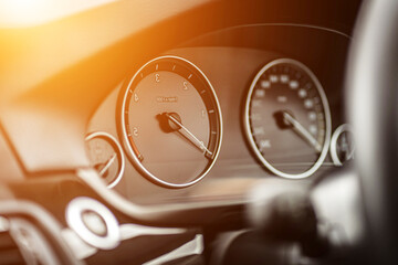 Control panel dashboard car fragment. Automatic transmission gear shift in car