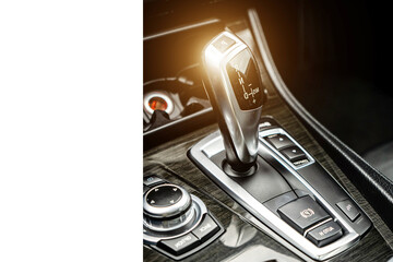 Control panel dashboard car fragment. Automatic transmission gear shift in car