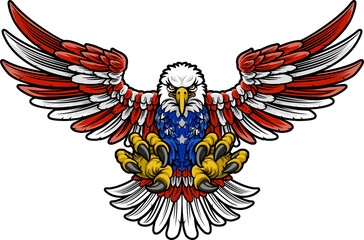 A cartoon bald American eagle mascot swooping with claws out and outstretched or spread wings featuring flag motif