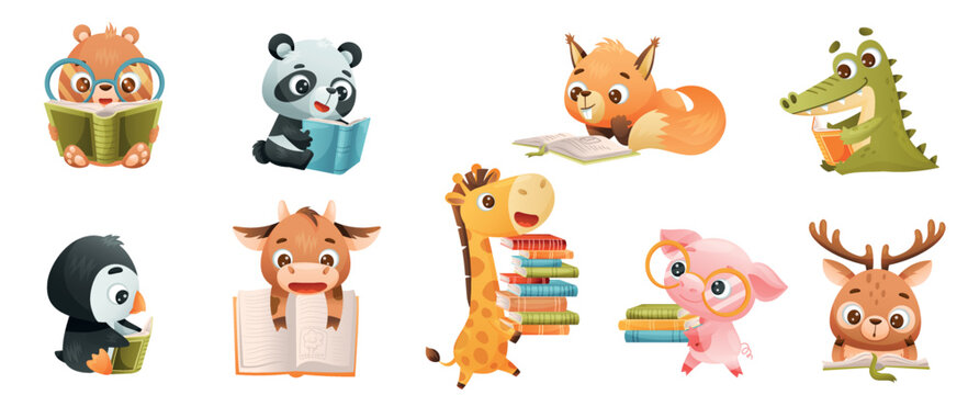 Cute Animals Reading Book in Hard Cover Enjoying Interesting Story Vector Set