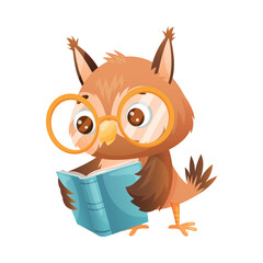 Cute Owl in Glasses Reading Book in Hard Cover Enjoying Interesting Story Vector Illustration