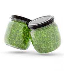 Empty packaging, mockup. Glass jar 250 ml with green pesto on a white background. 3d illustration, 3d render - obrazy, fototapety, plakaty
