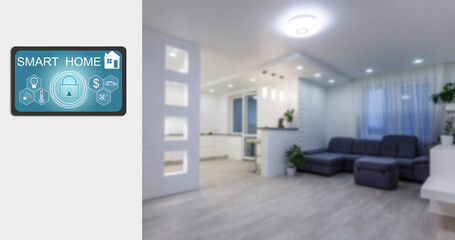 Smart home automation. hands holding smartphone to control the Electrical equipment in the house.