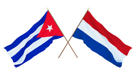 Background, 3D render for designers, illustrators. National Independence Day. Flags Cuba and Netherlands