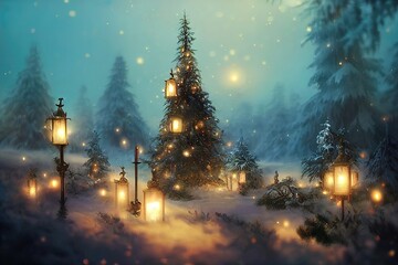 Fabulous winter Christmas background. Christmas decorations, lights, illuminated stone arch, houses, winter garden, snow, decorated Christmas tree. Festive winter New Year's landscape