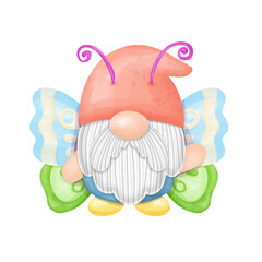 Fototapeta premium Gnomes wearing Butterfly Watercolor Clipart.