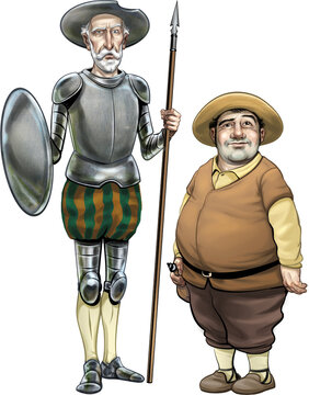 Illustration cartoon of Don Quixote and Sancho Panza on transparent background.