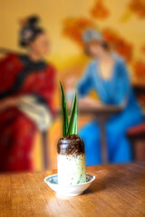 Cold drinks iced matcha latte menu coffee mix green tea. Colorful beverage tasty on wooden table..