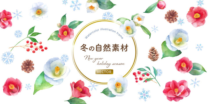 冬の植物の装飾フレーム 紅白の椿 松ぼっくり 南天 雪の結晶の水彩イラスト ベクター Stock 벡터 Adobe Stock