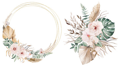 Wedding boho Watercolor frame and bouquet made with tropical leaves and flowers illustration © katrinshine