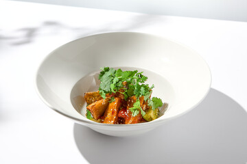 Crispy eggplant in chinese style on white plate. Crispy eggplant salad on summer menu. Asian appetizer - roasted aubergine with coriander leaves. Vegan food. Aesthetic veggie menu.